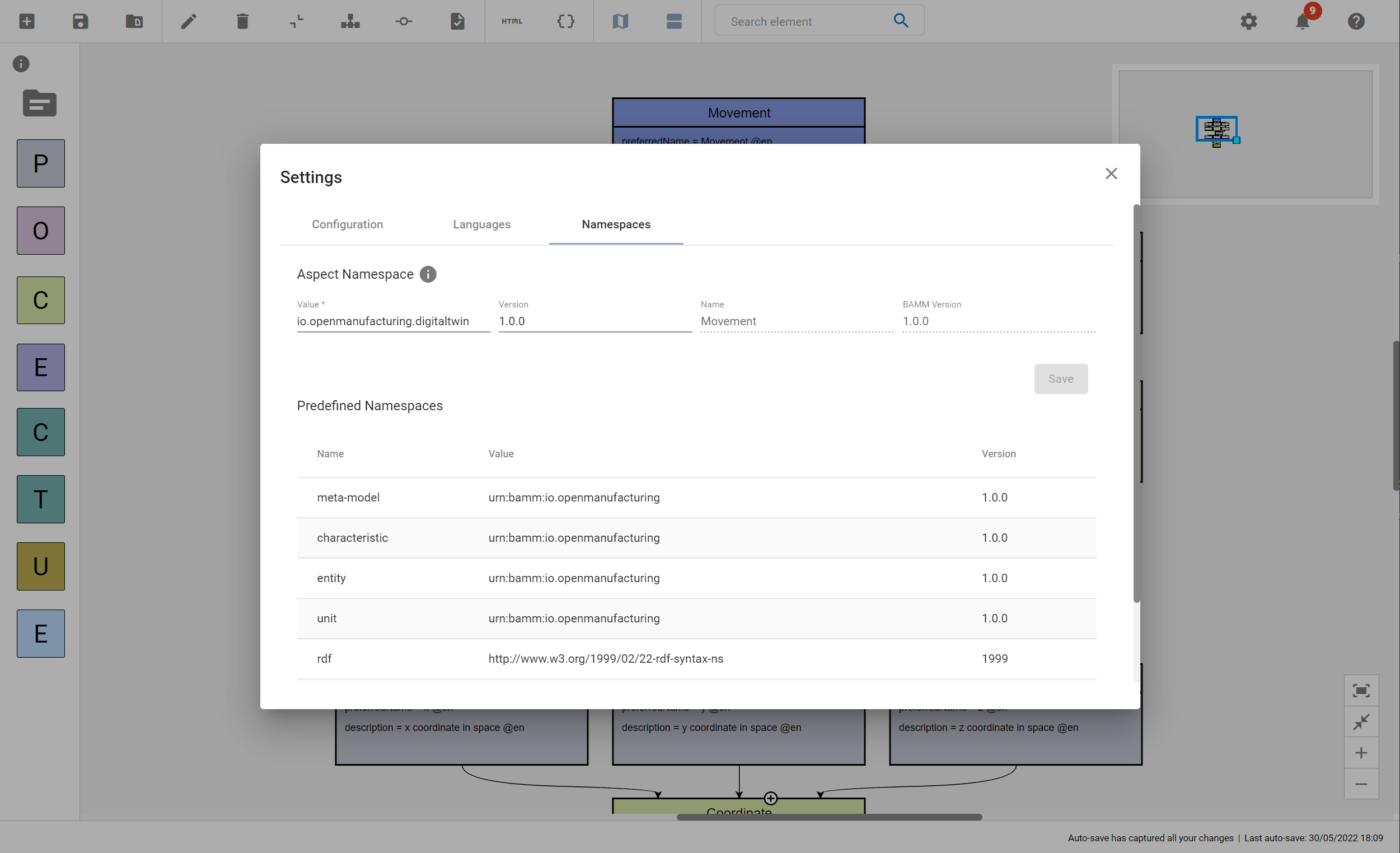 Namespaces tab in Settings dialog